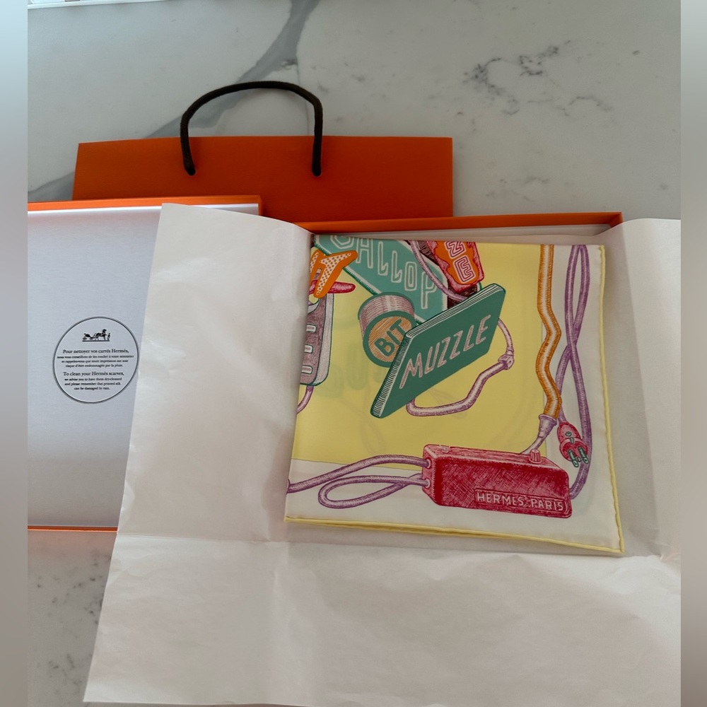 Never used/worn Hermes Chevaloscope Neon scarf. 100% silk. - Picture 8 of 10
